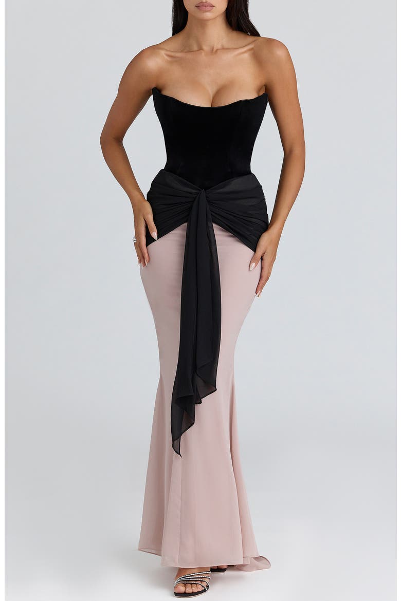Clara Velvet & Chiffon Drape Corset Gown, Alternate, color, BLACK VELVET