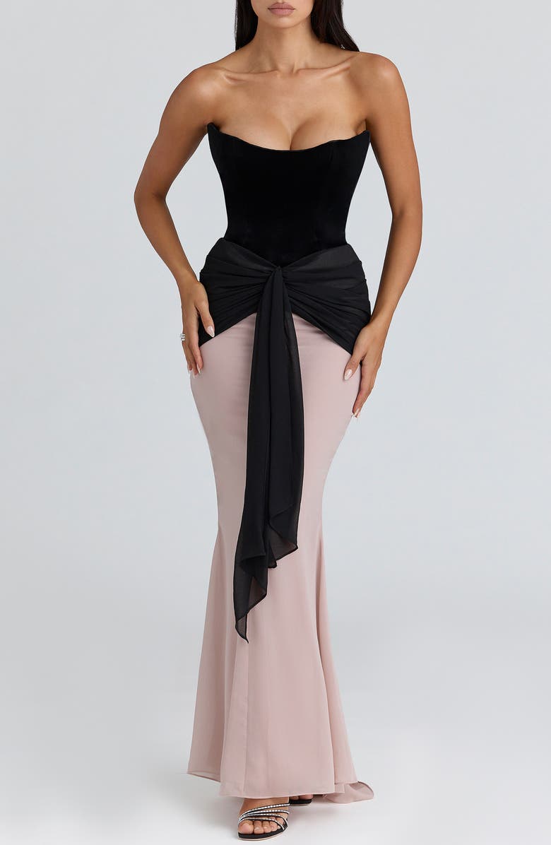 HOUSE OF CB Clara Velvet & Chiffon Drape Corset Gown, Alternate, color, 