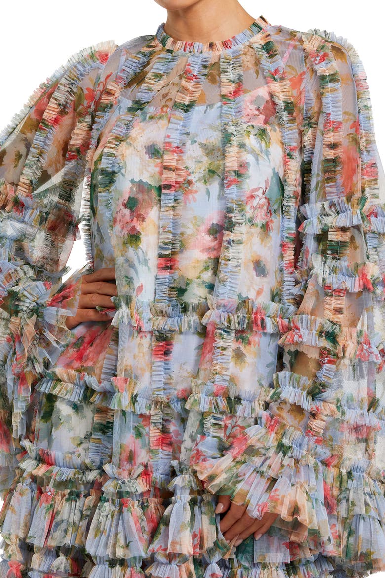 Printed Mesh Ruffle High Neck Mini Dress, Alternate, color, Blue Multi
