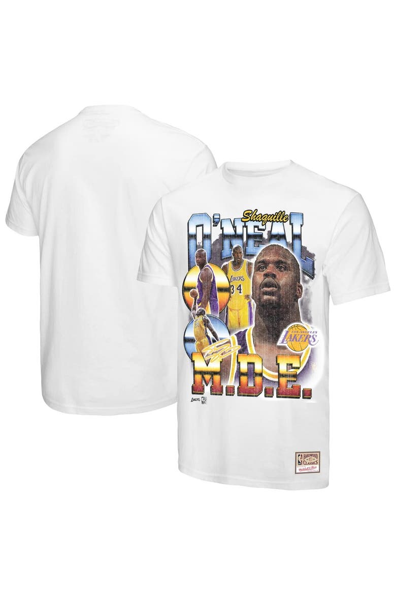 Men's Mitchell & Ness Shaquille O'Neal White Los Angeles Lakers Commemorative Collage T-Shirt, Main, color, White