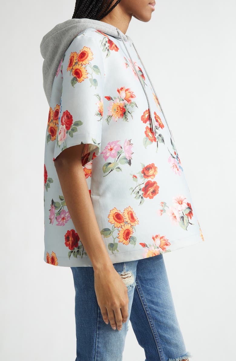 Brandon Maxwell The Aine Floral Short Sleeve Virgin Wool & Silk Faille Hoodie, Alternate, color, Light Blue Floral