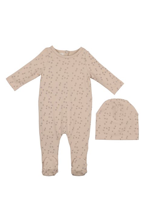 Printed Leaf Stretch Cotton Footie & Beanie Set (Baby)