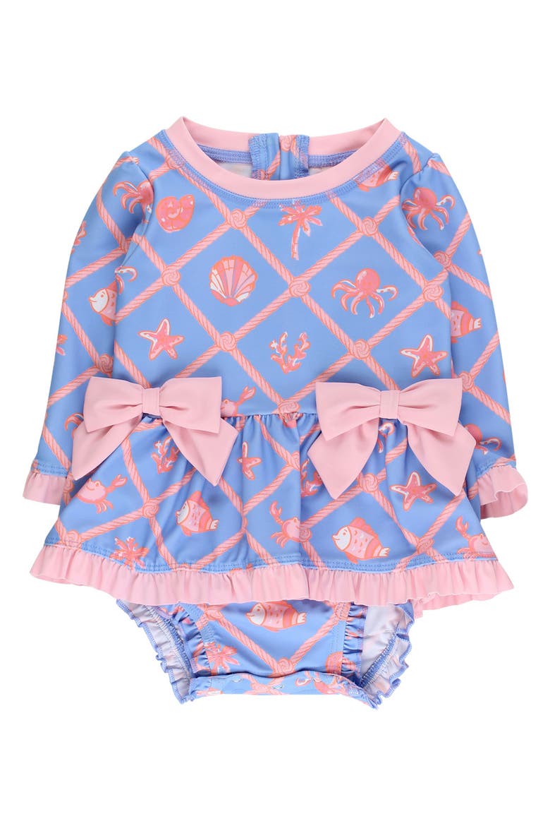 UPF50+ Long Sleeve One Piece Bow Peplum Rash Guard Swimsuit, Main, color, Tropical Trellis