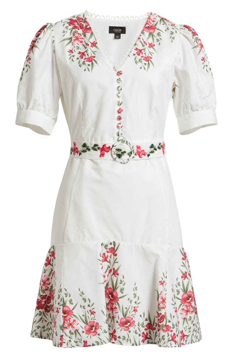 CeCe Floral Belted Puff Sleeve Midi Dress, Alternate, color, Ultra White