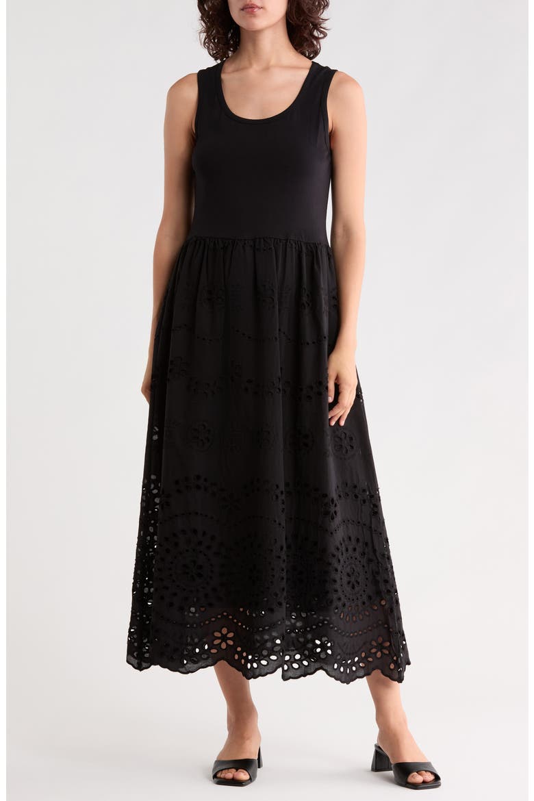Eyelet Embroidered Twofer Dress, Main, color, BLACK