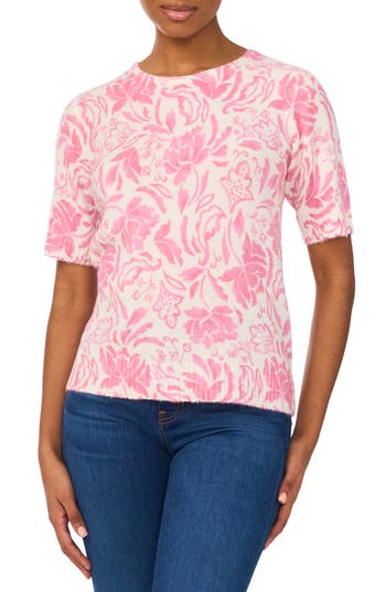 Cece Floral Short Sleeve Sweater In New Ivory