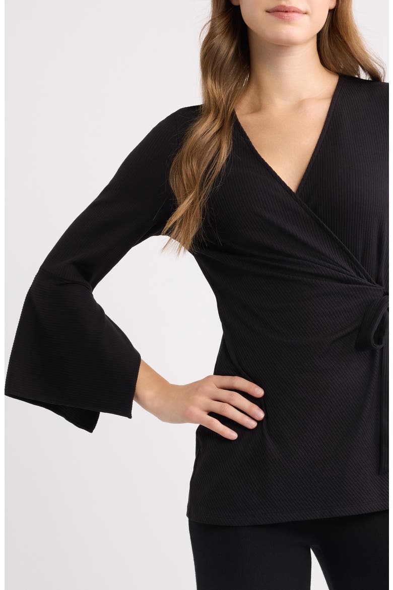 Ruffle Sleeve Ribbed Wrap Top, Alternate, color, ANNE BLACK