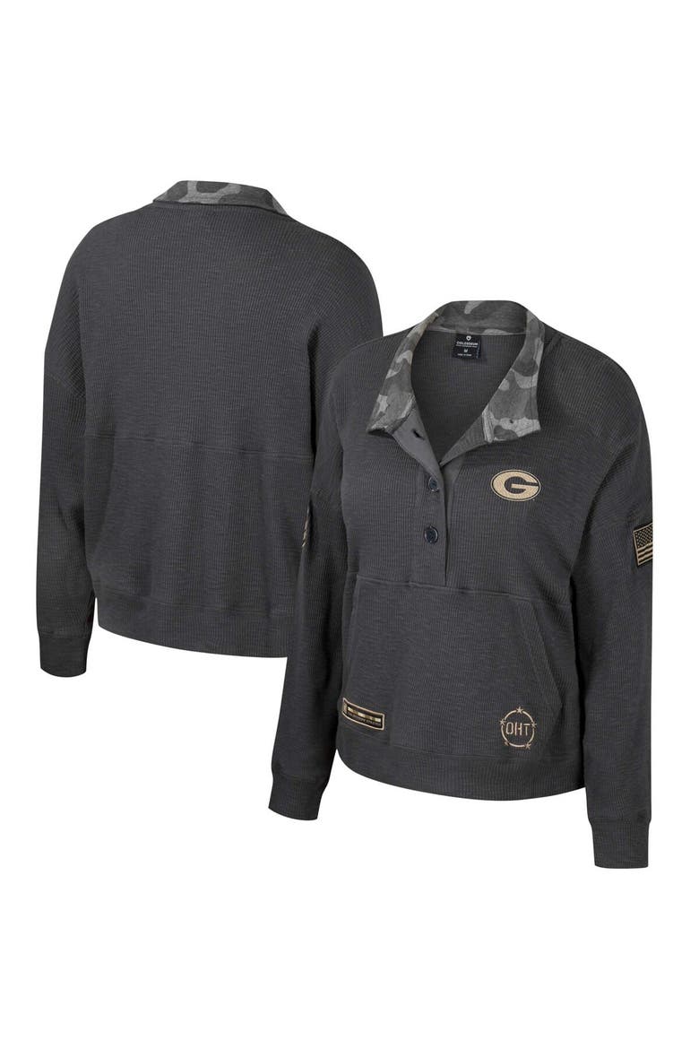 Women's Colosseum  Heather Charcoal Georgia Bulldogs OHT Military Appreciation Payback Henley Thermal Sweatshirt, Alternate, color, Heather Charcoal