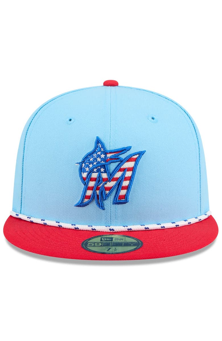 New Era Men's New Era Light Blue/Red Miami Marlins 2025 Fourth of July 59FIFTY Fitted Hat, Alternate, color, Light Blue
