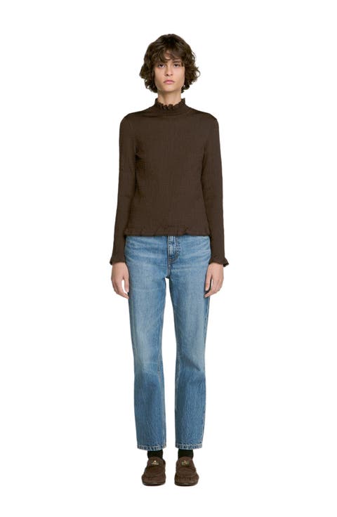 Smocked T-shirt with ruffle collar