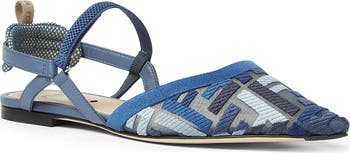 サンダル・ミュール Fendi Slingback Flat Colibri Lite In Mesh With Embroidery Ff Colibrì Lite Technical fabric Blue | Fendi