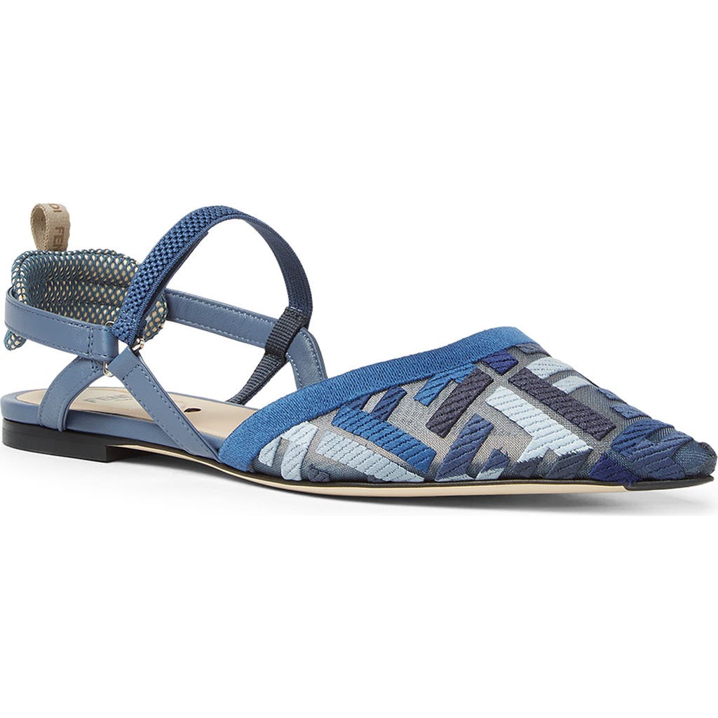 Fendi Blue Flat Mesh Slingbacks With Ff Embroidery
