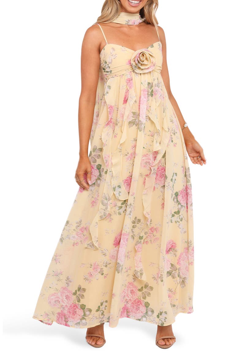 Tully Floral Rosette Maxi Dress with Removable Scarf, Main, color, YELLOW FLORAL