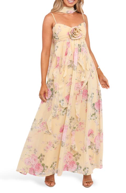 Tully Floral Rosette Maxi Dress with Removable Scarf