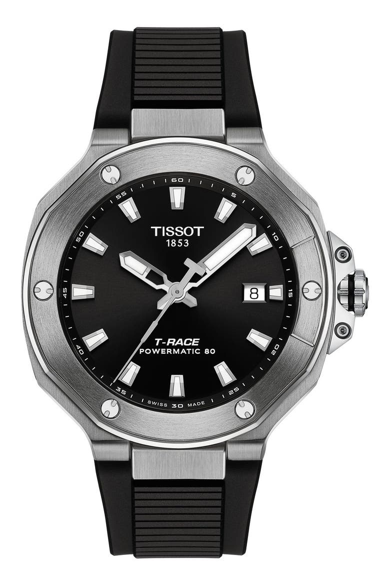 T-Race Powermatic 80 Silicone Strap Watch, 41mm, Main, color, BLACK