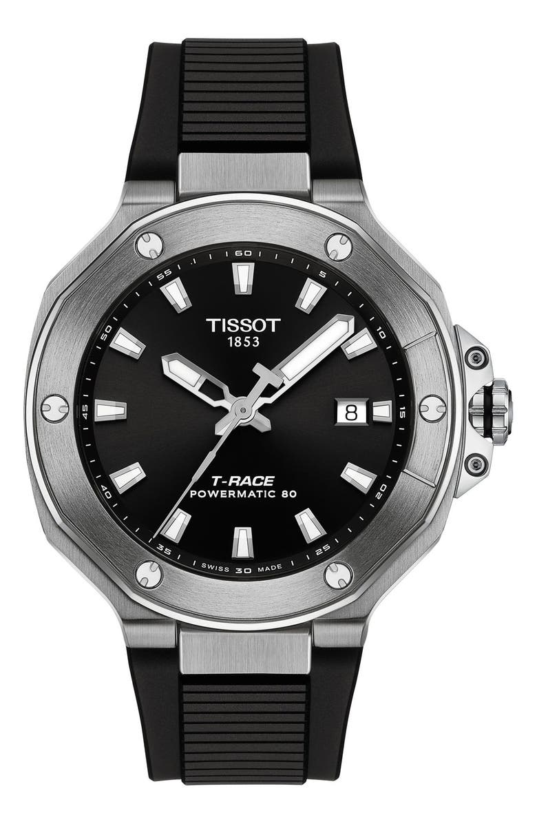 Tissot T-Race Powermatic 80 Silicone Strap Watch, 41mm, Main, color, Black