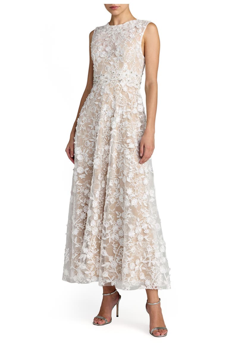 Mac Duggal Floral Embroidered High Neck Midi Dress, Main, color, Ivory Nude
