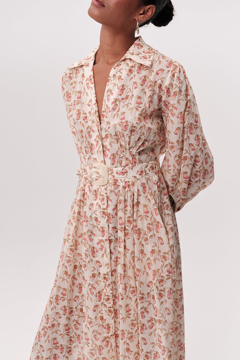 Katie Fitted Waist Floral Midi Shirt Dress, Alternate, color, Multi Color