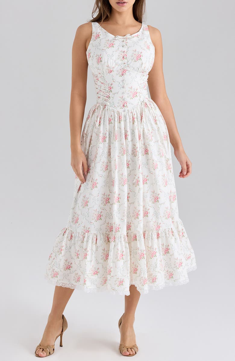 HOUSE OF CB Sienna Floral Print Midi Dress, Main, color, Cream Rose