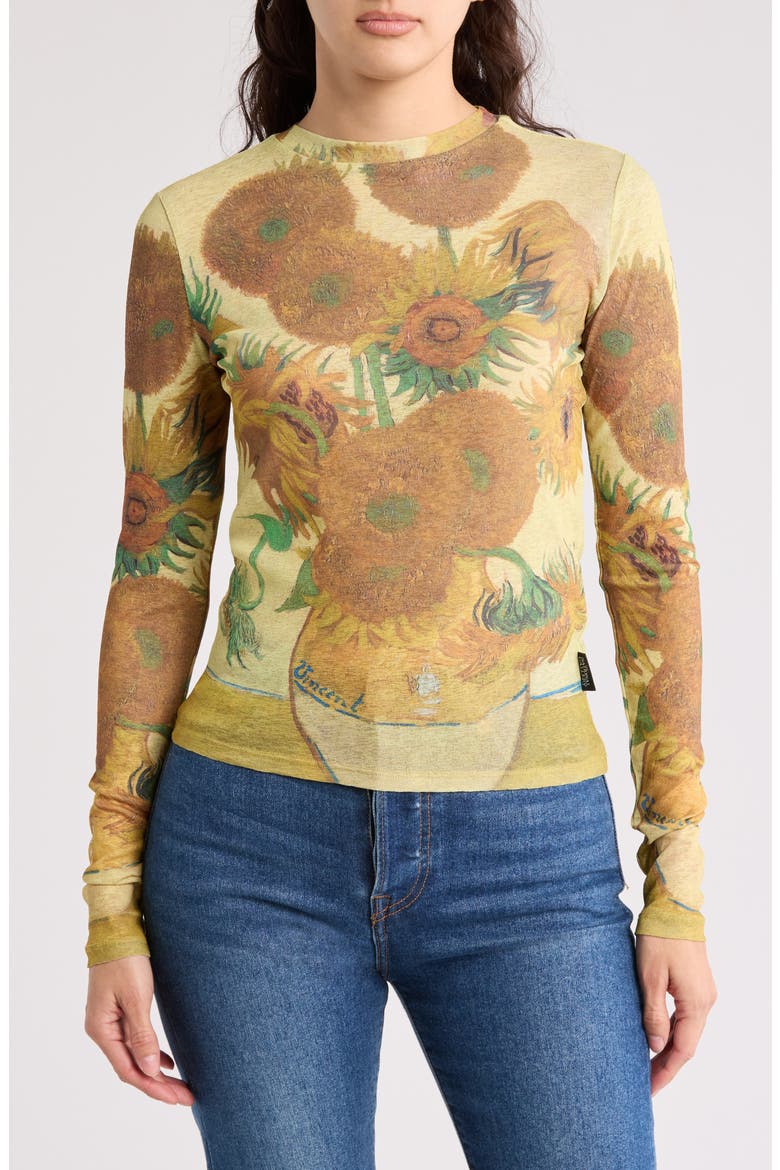 Sunflowers Long Sleeve Mesh Top, Main, color, YELLOW