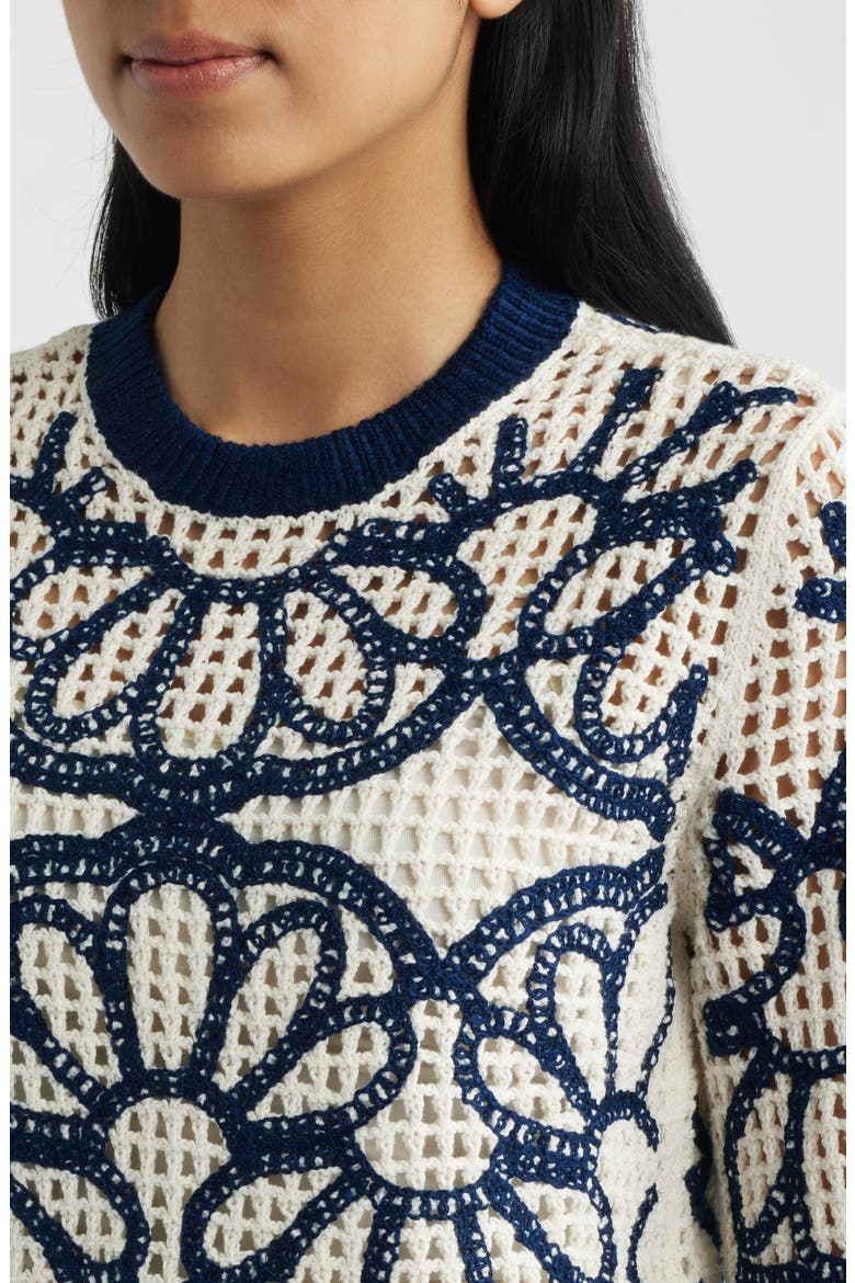 Rhoda Floral Embroidered Open Stitch Sweater, Alternate, color, NAVY FLORAL EMBROIDERY