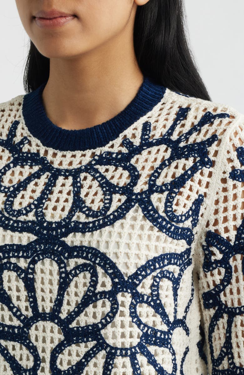 Madewell Rhoda Floral Embroidered Open Stitch Sweater, Alternate, color, Navy Floral Embroidery