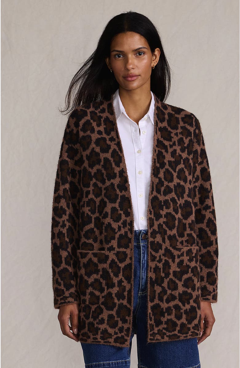 Lands' End Fuzzy Jacquard Cardigan Jacket Sweater, Main, color, Dark Clay Animal Spots