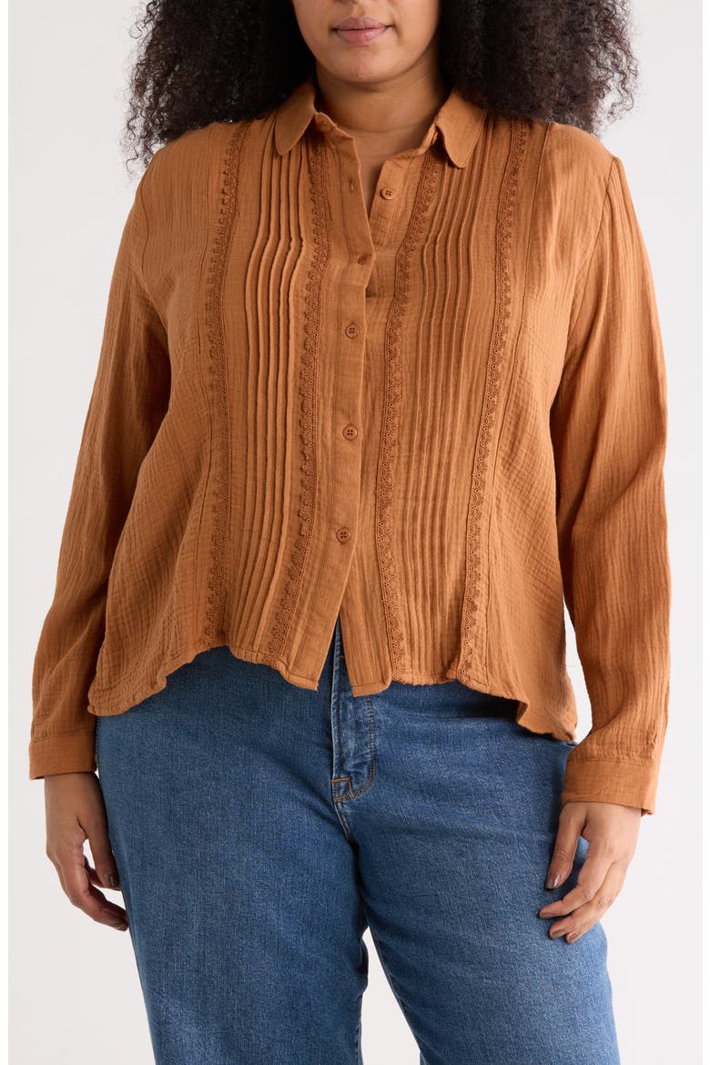 Pintuck Cotton Button-Up Shirt, Main, color, RUST GINGER