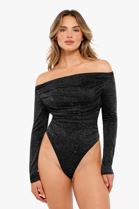 Shapewear Metallic Knit Long Sleeve Slimming Bodysuit