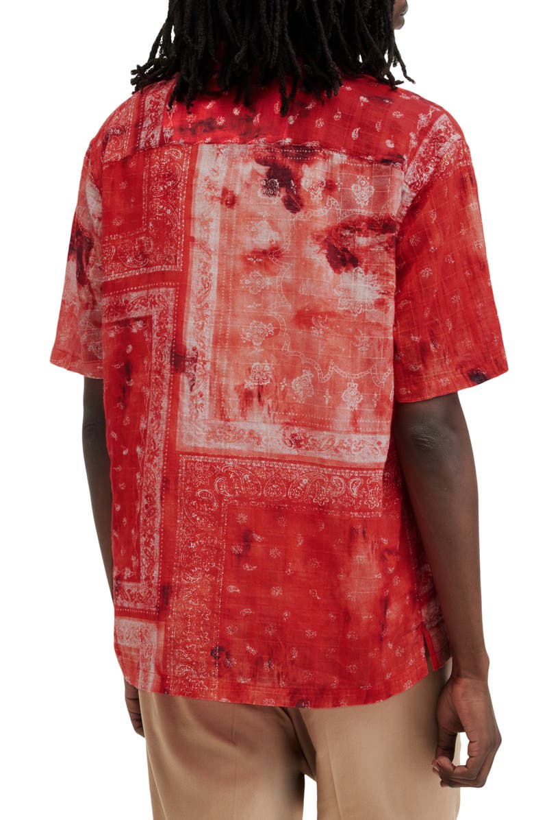 AllSaints Tijuana Bandana Print Short Sleeve Cotton Button-Up Shirt, Alternate, color, Apple Red