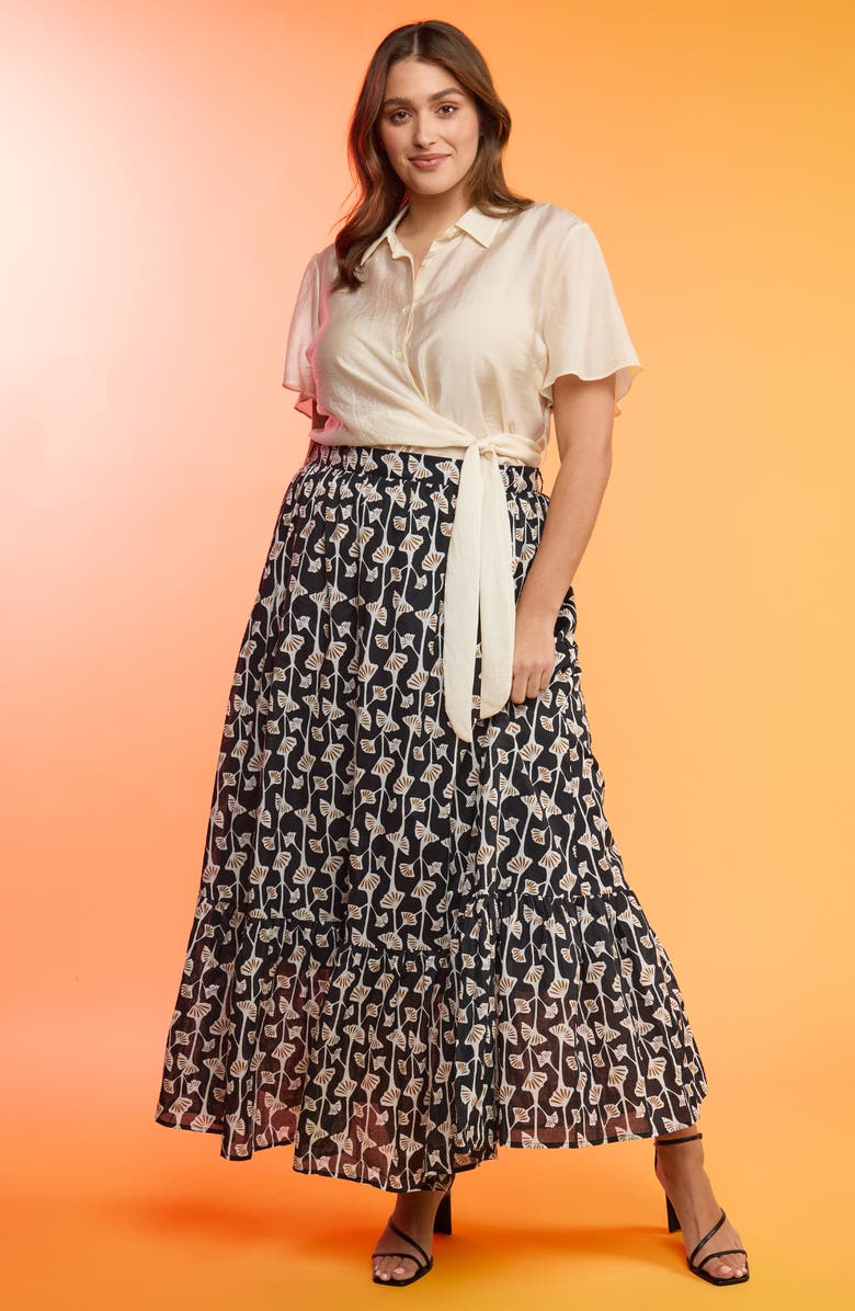 Estelle Sea Lily Belted Tiered Cotton Maxi Skirt, Alternate, color, Black Print