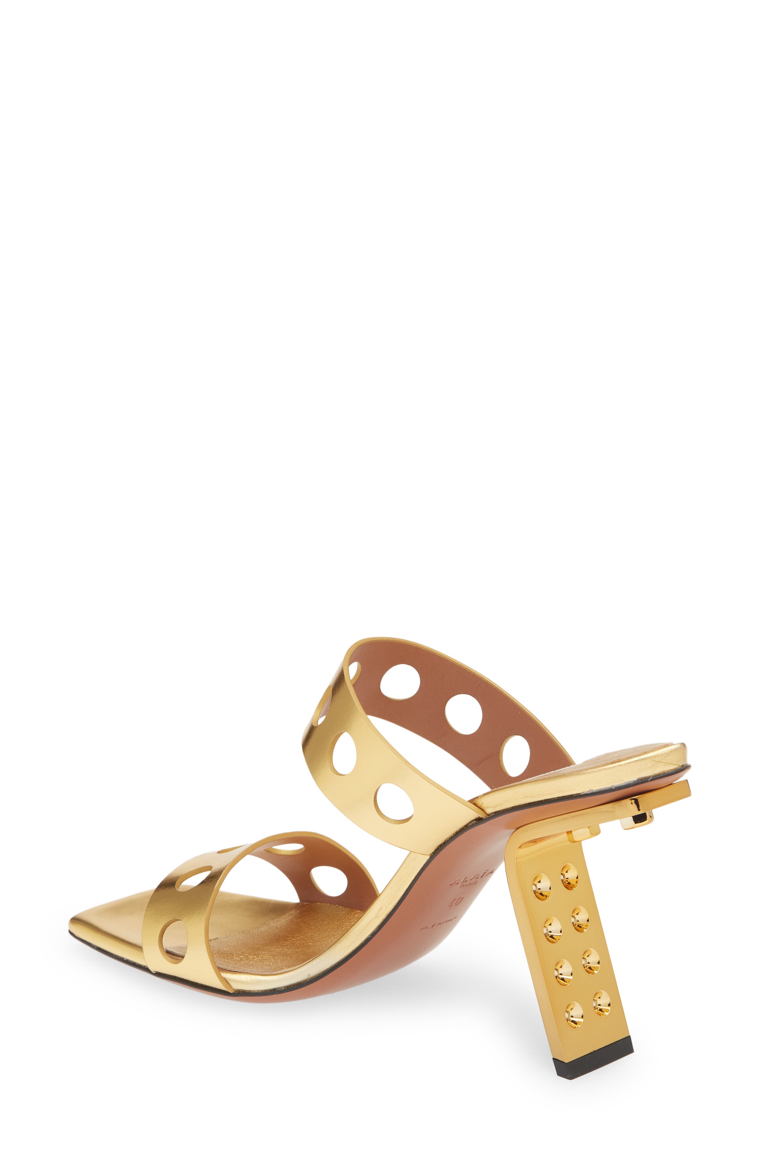 Alaïa Perforated Metallic Square Toe Sandal, Alternate, color, 