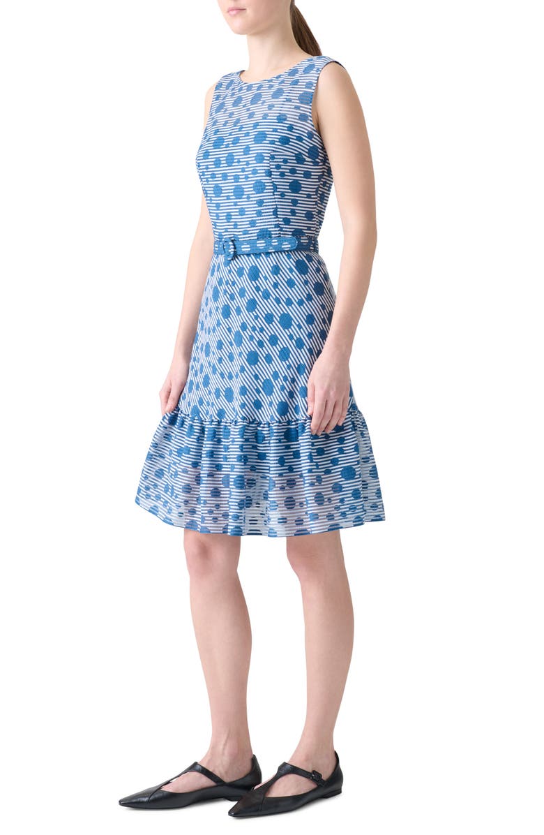 Akris punto Stripe Dot Belted Seersucker Dress, Alternate, color, Cream-Medium Blue