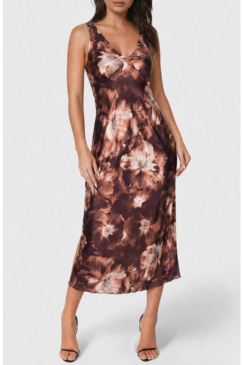 Crepe V-Neck Maxi Dress, Main, color, BROWN MULTI