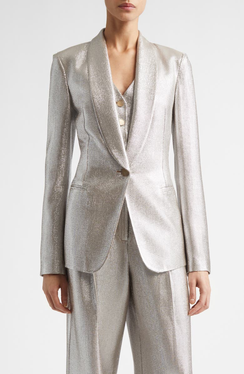 ST. JOHN Shawl Collar Lamé Suiting Jacket, Main, color, Antique Silver