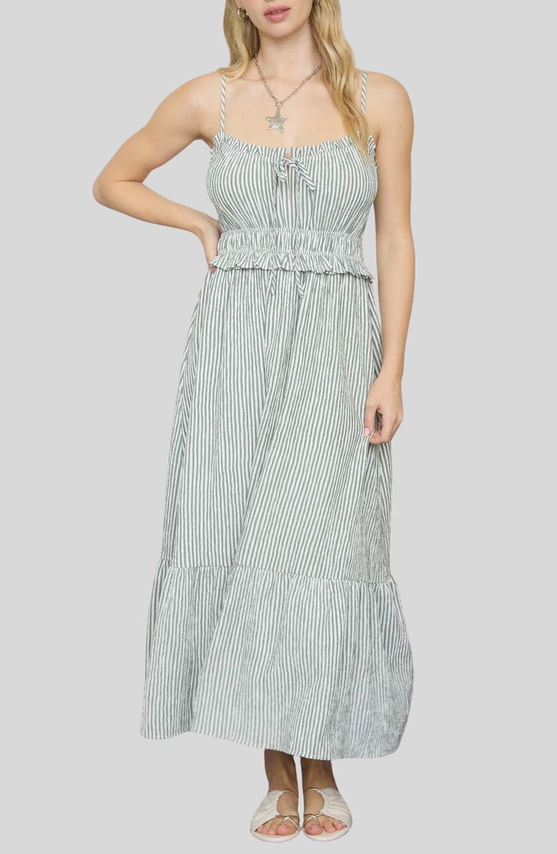 Blu Pepper Stripe Ruffle Shirred Seersucker Midi Dress, Main, color, Green