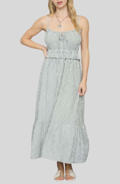Stripe Ruffle Shirred Seersucker Midi Dress