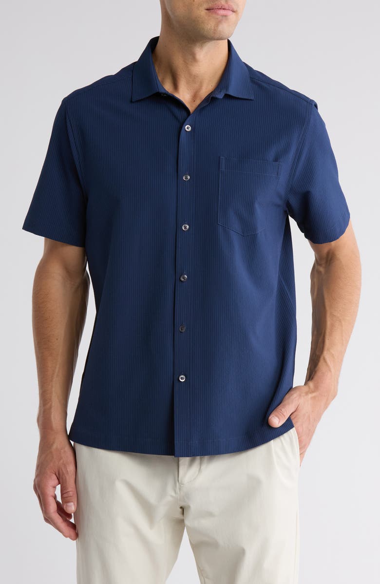 Greg Norman Stripe Seersucker Short Sleeve Button-Up Golf Shirt, Main, color, Navy