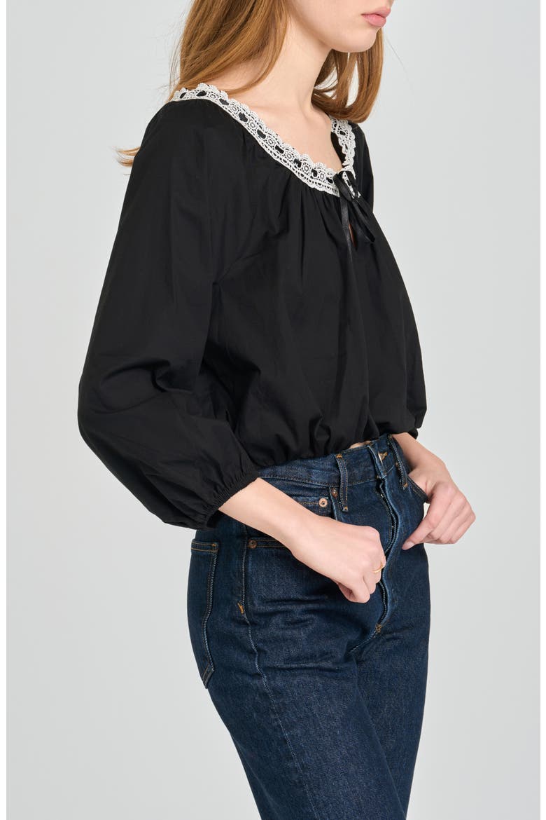 Mia Boho Lace Trim Gathered Stretch Cotton Top, Alternate, color, BLACK
