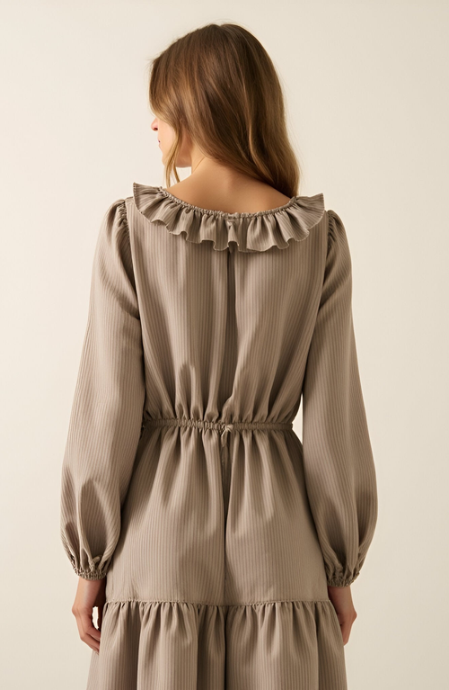 Modenaire Textured Stripe Maxi Dress With V-neck Flounce Ruffle, Bubble Sleeves And Side Slit In Gray
