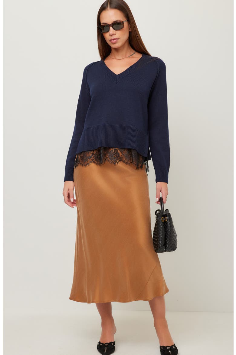 Camila Lace Layered V-Neck Sweater, Alternate, color, NAVY