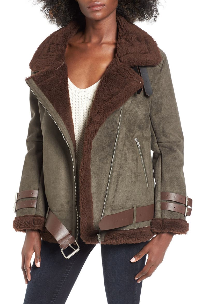 Faux Shearling Jacket, Main, color, OLIVE/ BROWN