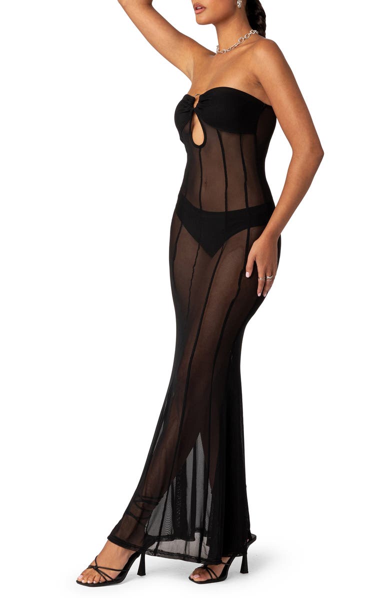 EDIKTED Maisy Sheer Mesh Strapless Maxi Dress, Main, color,