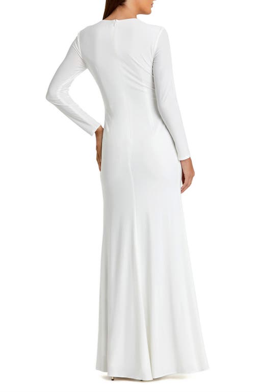 Mac Duggal High Neck Long Sleeve Keyhole Jersey Gown In White