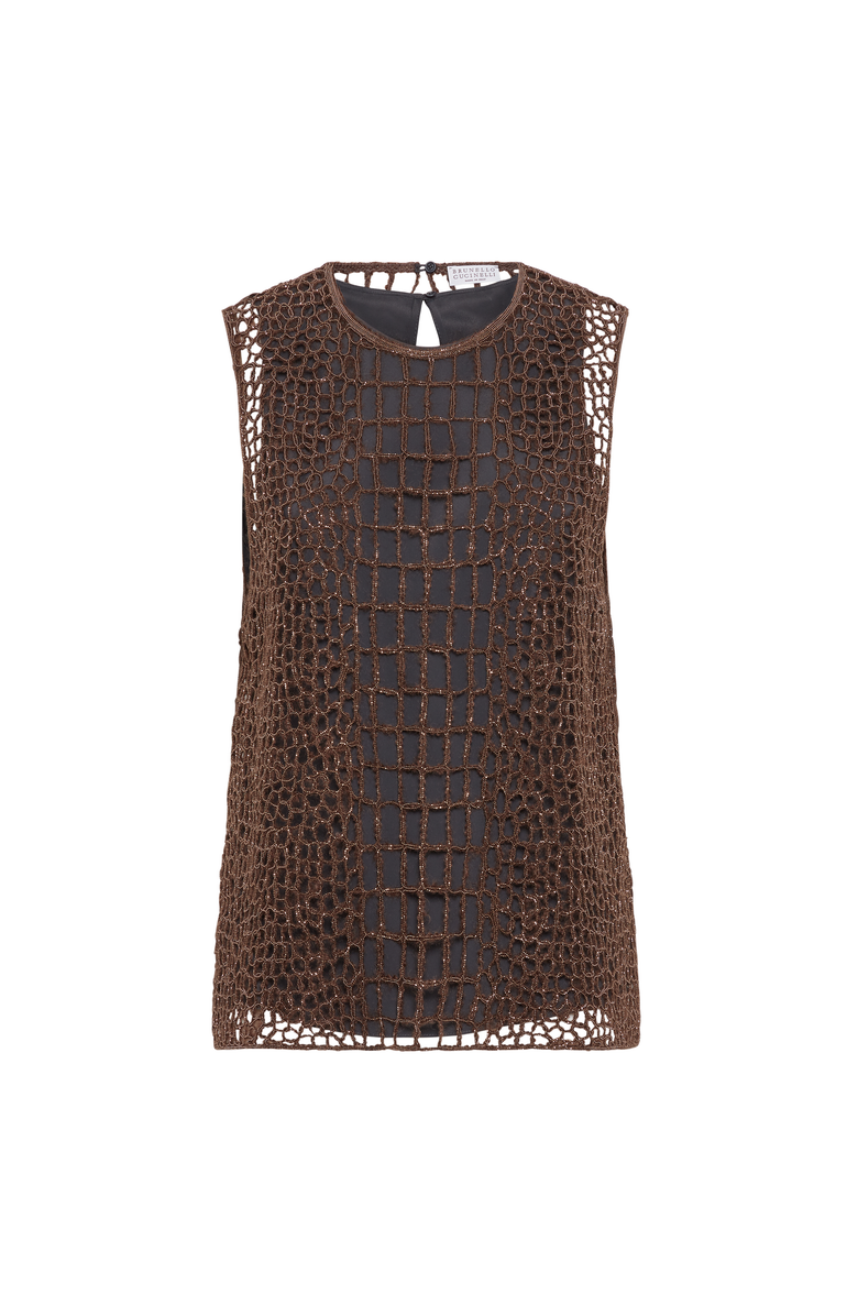 Brunello Cucinelli Precious croc embroidery top, Main, color, Brown