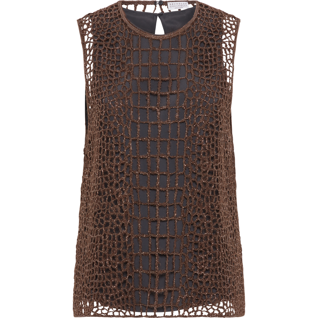 Brunello Cucinelli Precious Croc Embroidery Top In Brown
