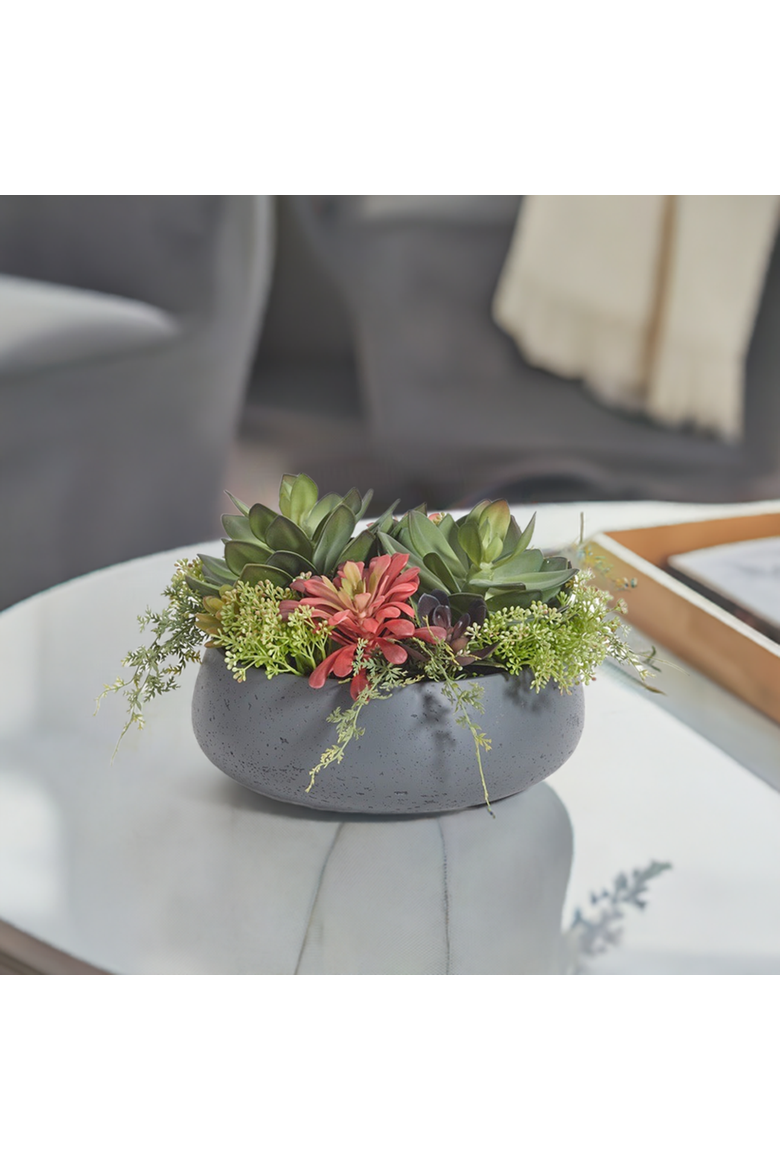 Round Artificial Succulent Arrangement, Gray Planter, Alternate, color, Grey