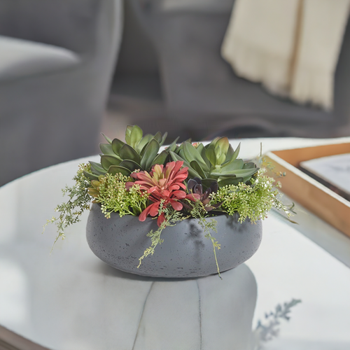 Cg Hunter Round Artificial Succulent Arrangement, Gray Planter In Gray