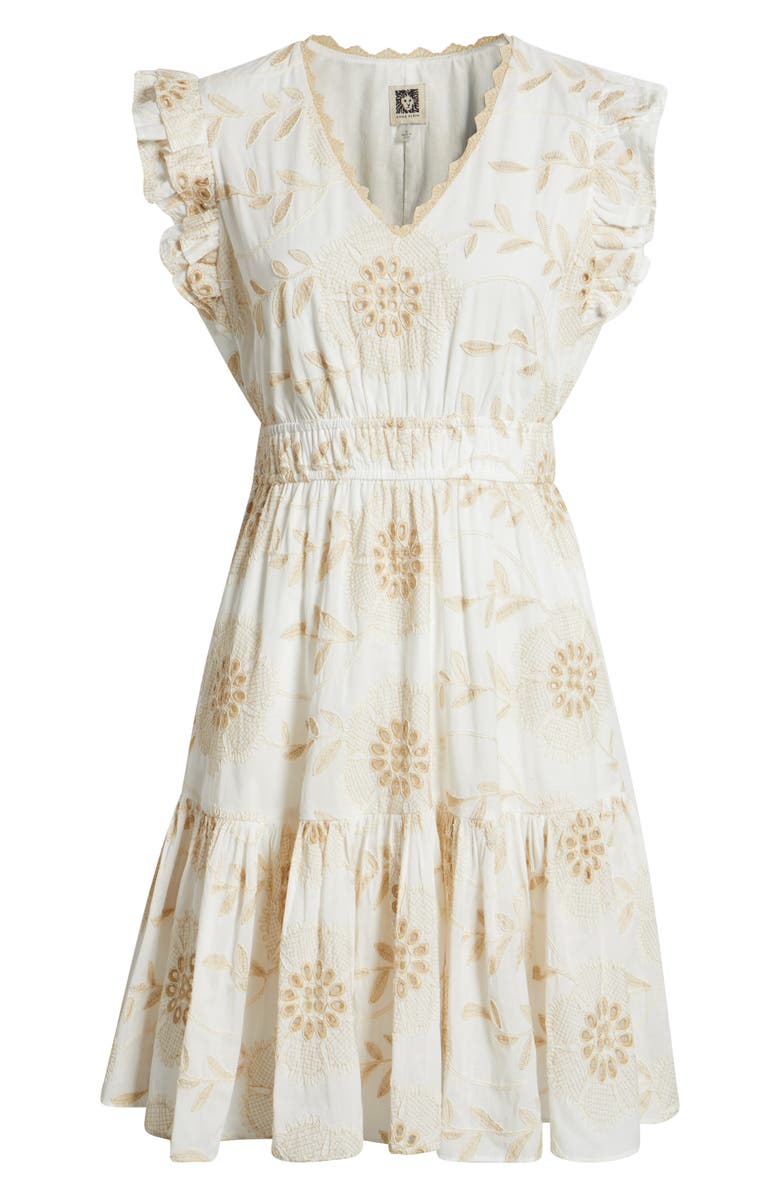 Anne Klein Embroidered Eyelet Cotton Ruffle Dress, Alternate, color, Egret/ Desert Tan
