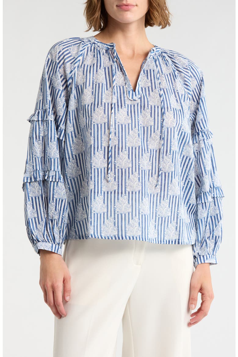 Tie Keyhole Long Sleeve Top, Main, color, BLUE STRIPE BUSHES